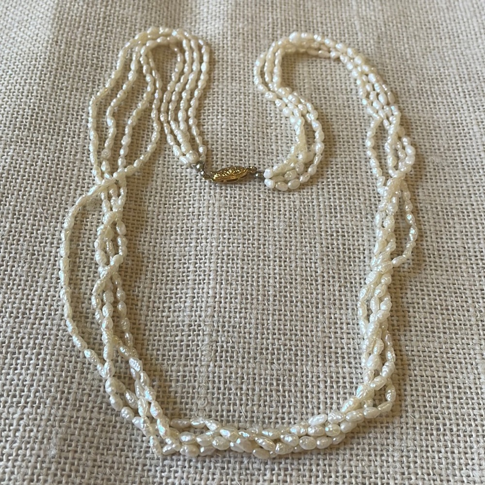Genuine white rice Pearl four strand necklace gold color clasp